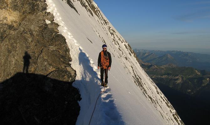 Ascending fixed ropes on the Hornli Arete of the Matterhorn