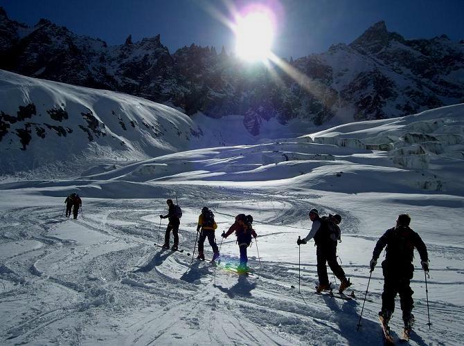 Group ski touring up
                                              the glacier